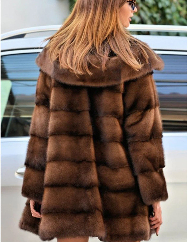 Women Artificial Mink Hair Fur Coat Mid Length Hooded Coat Fur plus Size Casual Warm