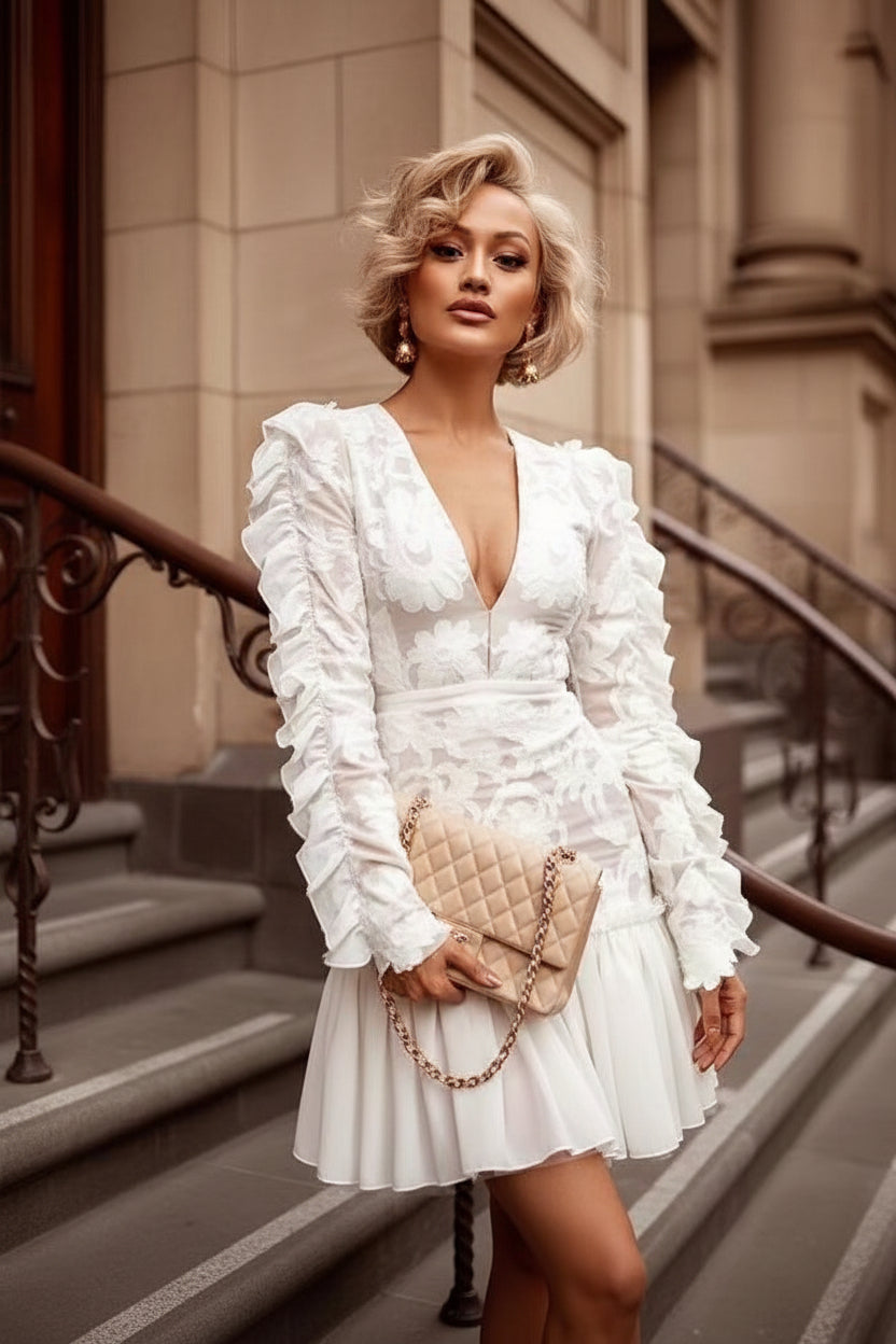 White Lace Embroidery Deep V-Neck A-Line Mini Dress