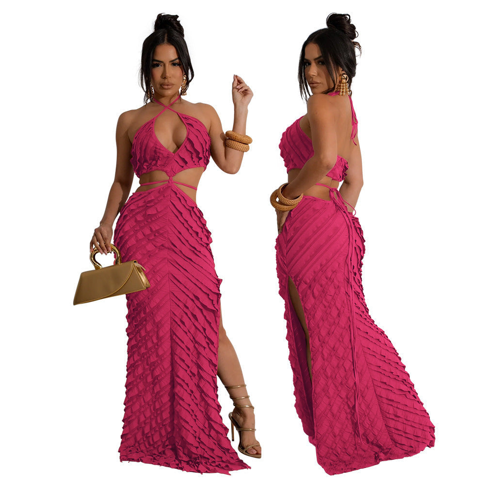 Halter Lace-Up Backless Cutout Bodycon Maxi Dress