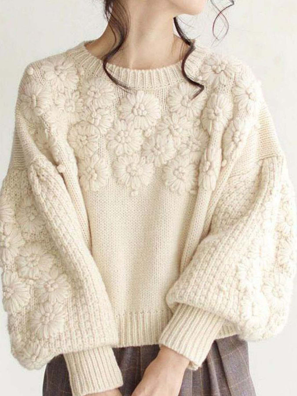 3D Daisy Embroidery Loose Round Neck Knit Pullover Bella Mia