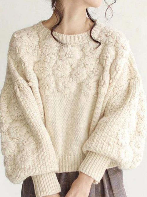 3D Daisy Embroidery Loose Round Neck Knit Pullover Bella Mia