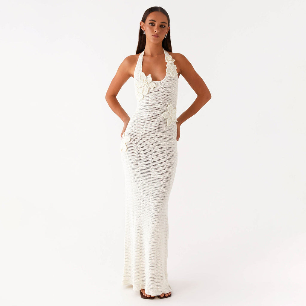 Hollow-Out Floral Halter Backless Vacation Beach Dress Bella Mia
