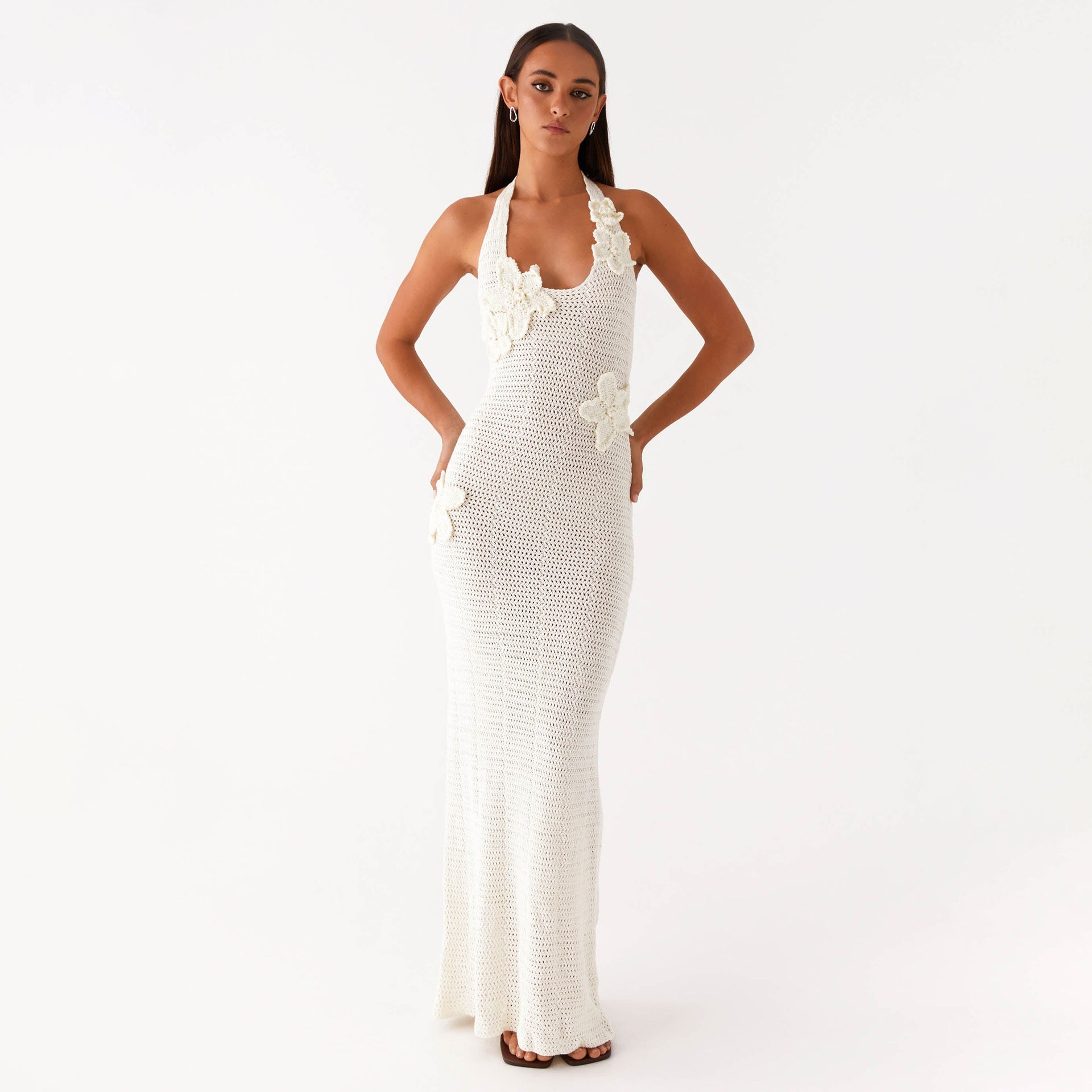 Hollow-Out Floral Halter Backless Vacation Beach Dress Bella Mia