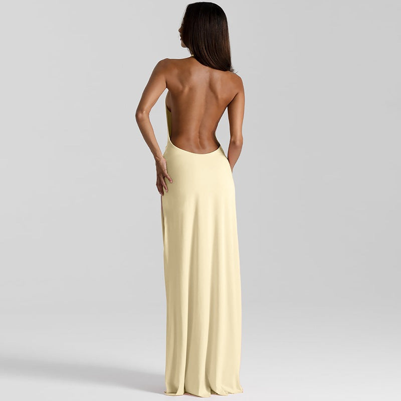 Women Clothing Summer Sexy Deep V Plunge Halter Pleated Backless Irregular Asymmetric Dress