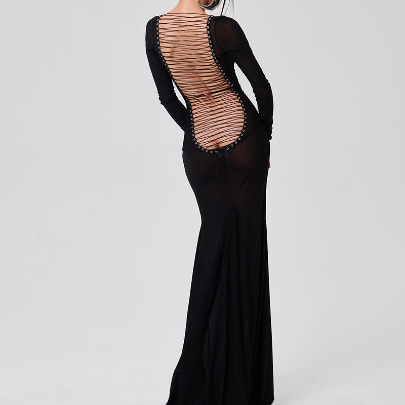 Lace-Up Long Sleeve Bodycon Maxi Dress