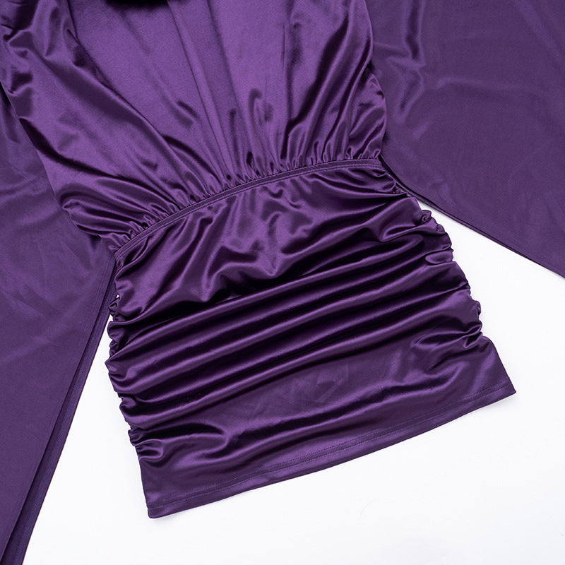 Women Clothing Autumn Solid Color Elegant Artificial Silk Swing Collar Swing Sleeve Sheath Dress