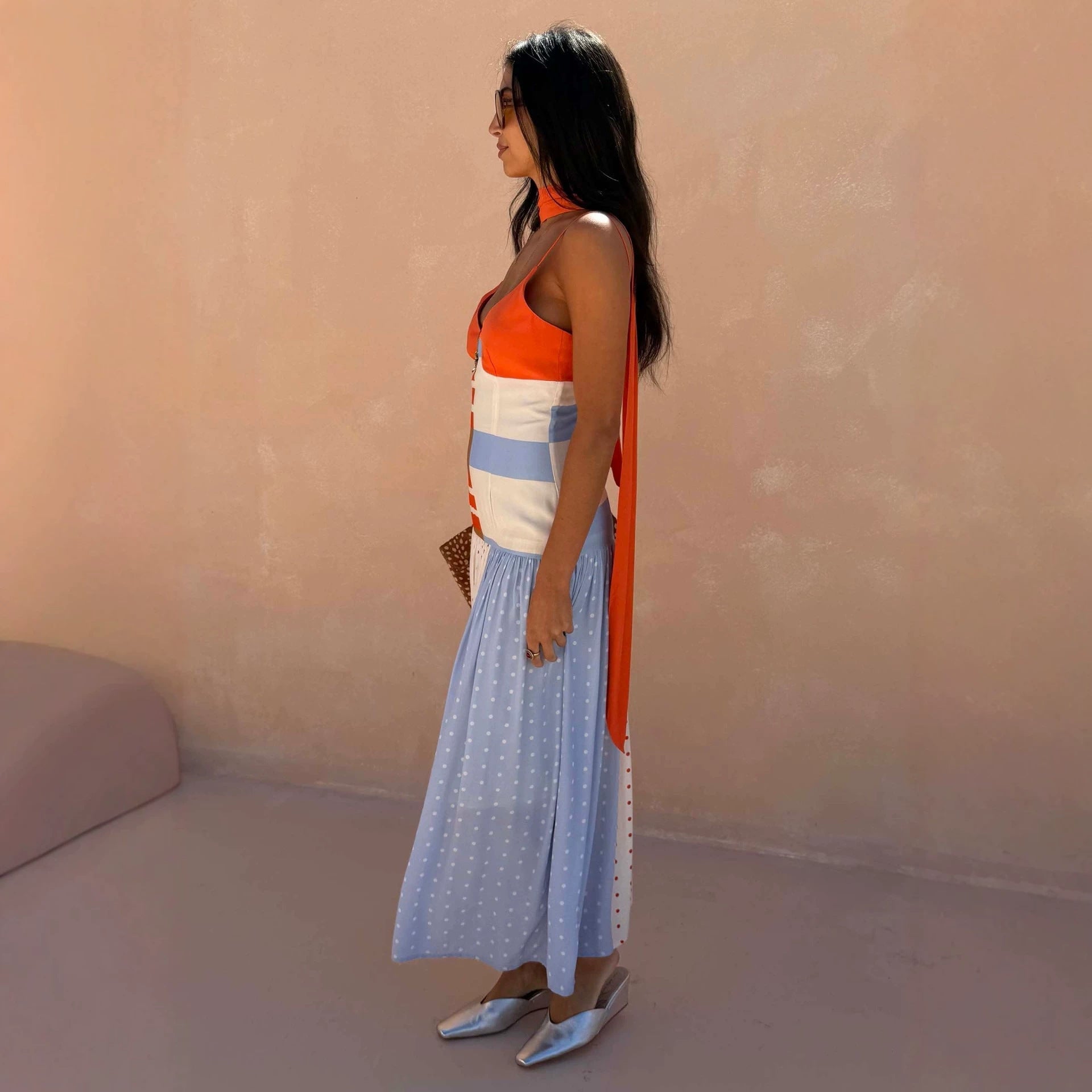 Contrast Color Polka Dot Stitching Cami Dress Summer Vacation Women Dress Ragazza