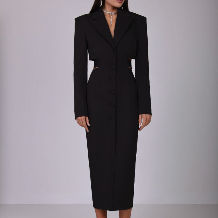 Hollow Out Cutout out Cropped Design High Sense Business Dress Office Single Breasted Long Sleeve Hip Ragazza