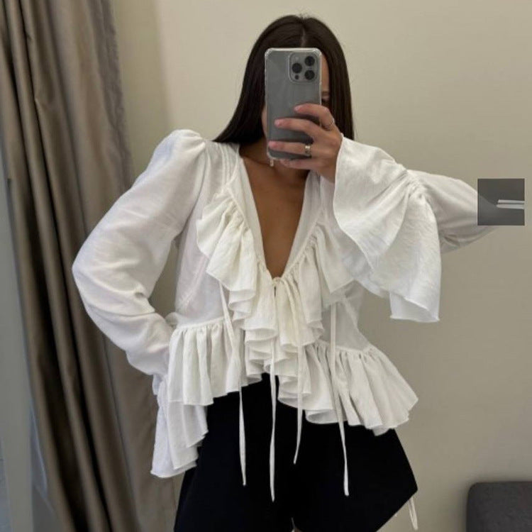 Ruffle Flare Sleeve Tie Neck All-Match Shirt Bella Mia
