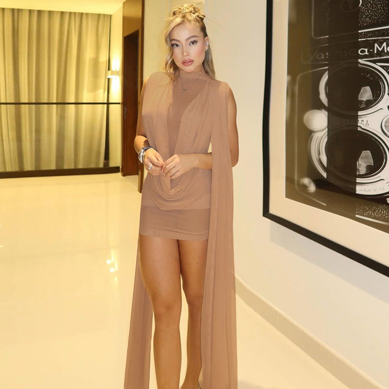 Autumn Winter Women Half Turtleneck Double Layer Stitching Mesh Ribbon Hip Wrapped Sexy Dress Ragazza