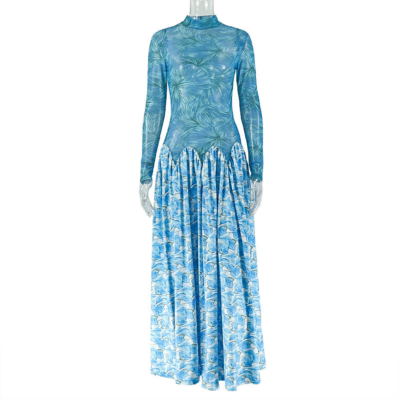 Printing Stitching Women Clothing Slightly Transparent Fresh A line Dress Turtleneck Elastic Slim Fit Long Sleeve Dress Ragazza