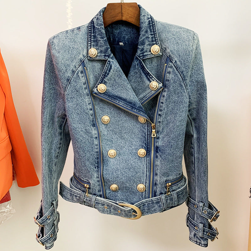 Women Coat Lion Buckle Slim Double Zipper Oblique Zipper Washed Denim Motorcycle Jacket Wanita Store