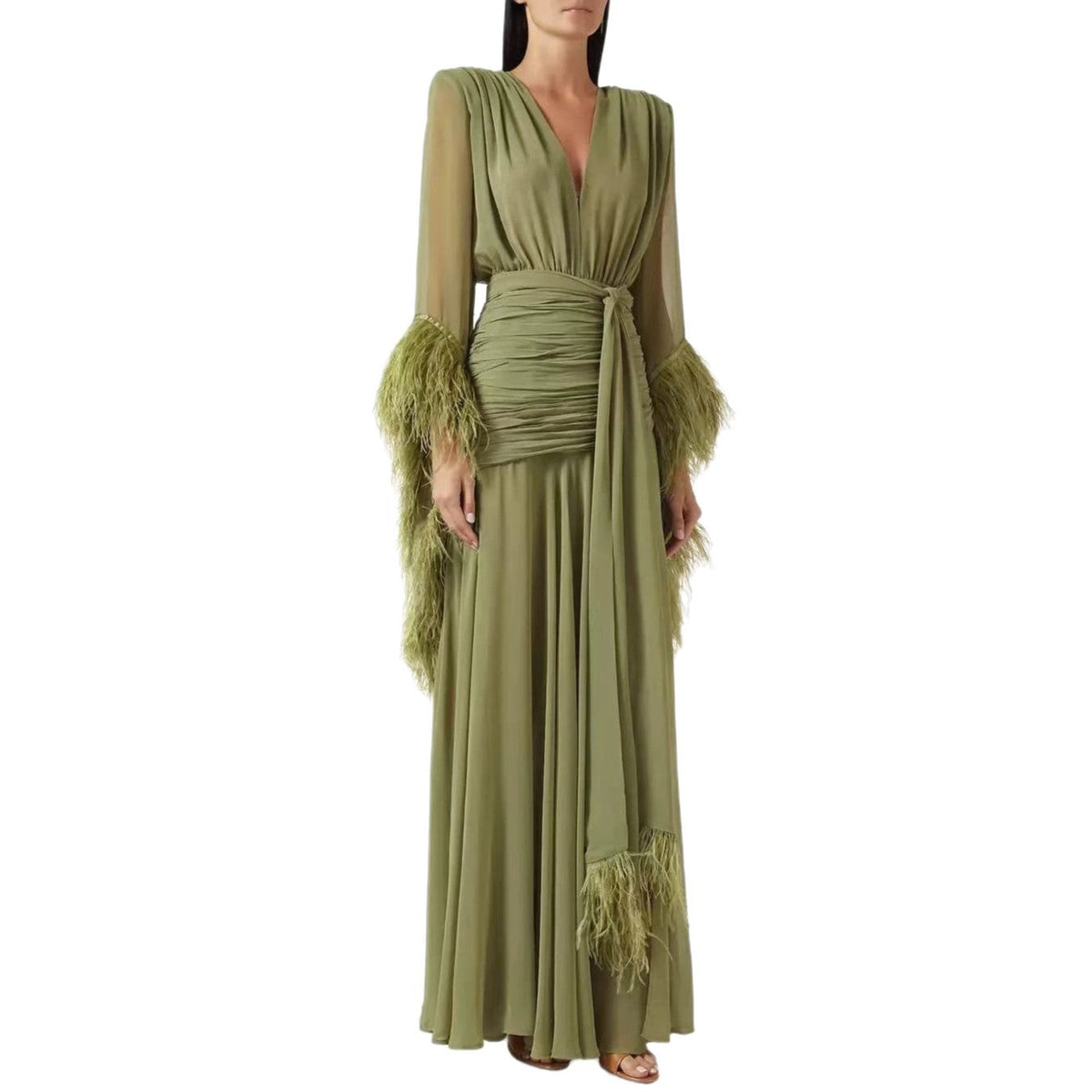 Spring Solid Color Evening Dress Long Sleeve Slim Dress