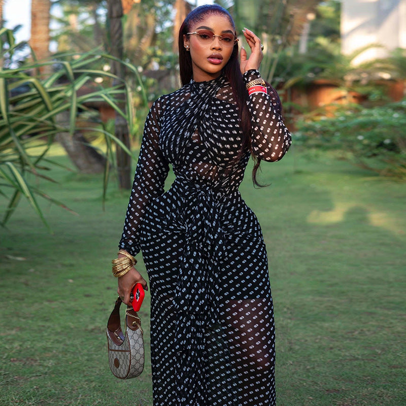 Outdoor Elegant Women Clothing Polka Dot Cinched Hip Dress Turtleneck Long Sleeve Travel Tight Dress