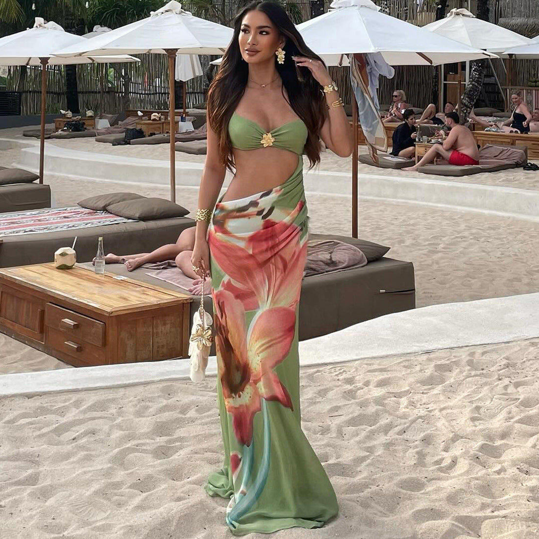 Floral Print Wrapped Chest Spaghetti Strap Vacation Dress Bella Mia