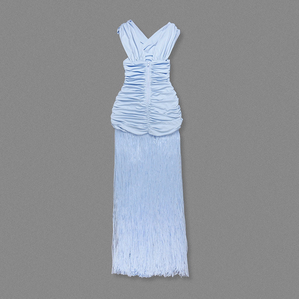 Pleated Mesh Cross-Front Dress
