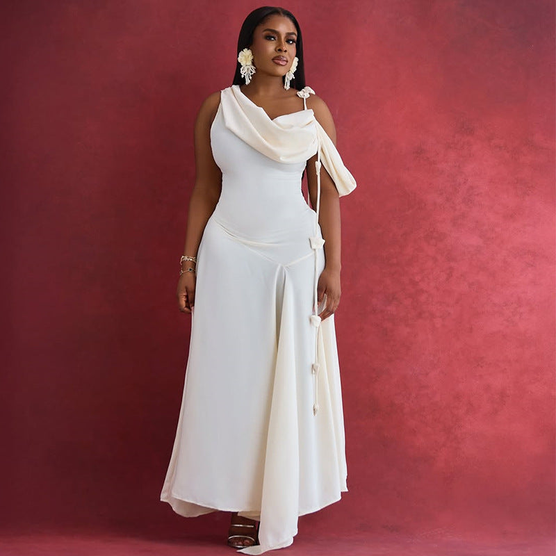Women Clothing Summer Dignified Sense of Design off the Shoulder Mid Length Slim Strap Dress Ragazza