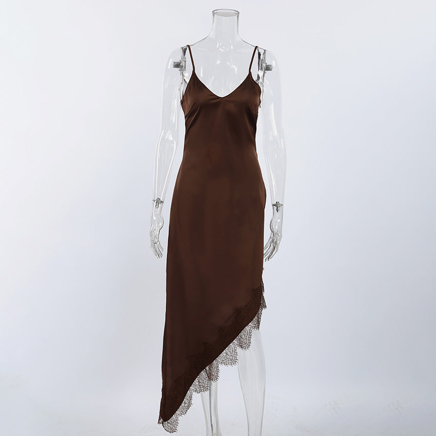 Summer Intellectual Irregular Asymmetric Hem Lace Patchwork Waist Slimming Sexy Elegant Backless Strap Dress Women