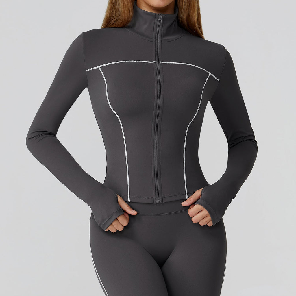 Contrast Color Brushed Yoga Coat Zipper Windproof Slim Jacket Outdoor Sports Running Fitness Clothes Women