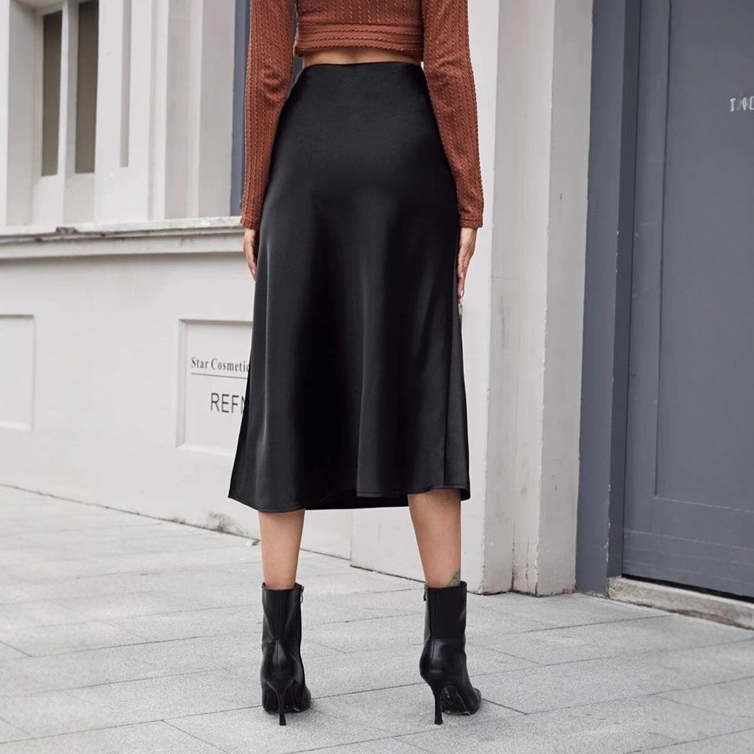 High Waist Zipper Satin Midi Skirt Bella Mia