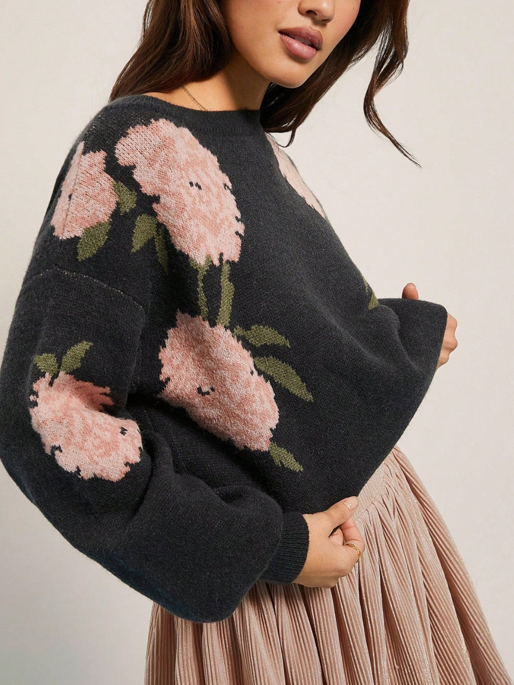 Floral Round Neck Loose Knit Sweater Bella Mia