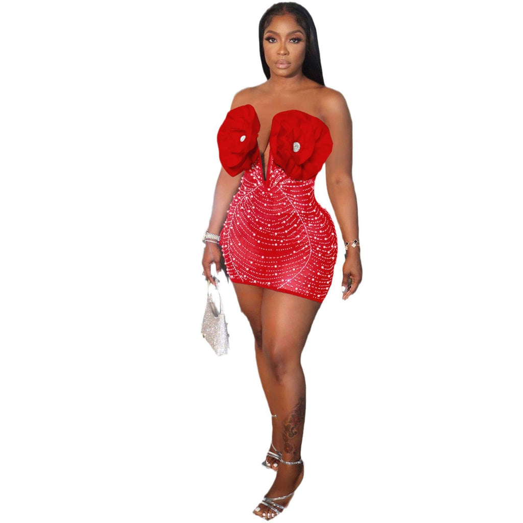 Red Rhinestone Pearl Floral Deep V Bodycon Mini Dress