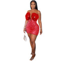 Red Rhinestone Pearl Floral Deep V Bodycon Mini Dress
