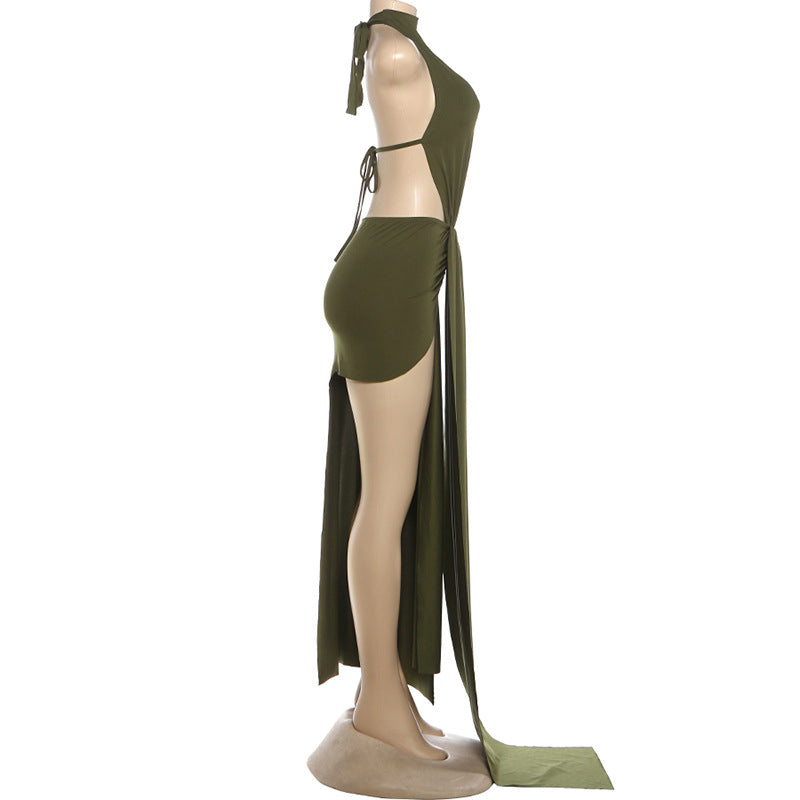 Spring Women Clothing Halter Lace up Solid Color Sexy Backless Sheath Dress