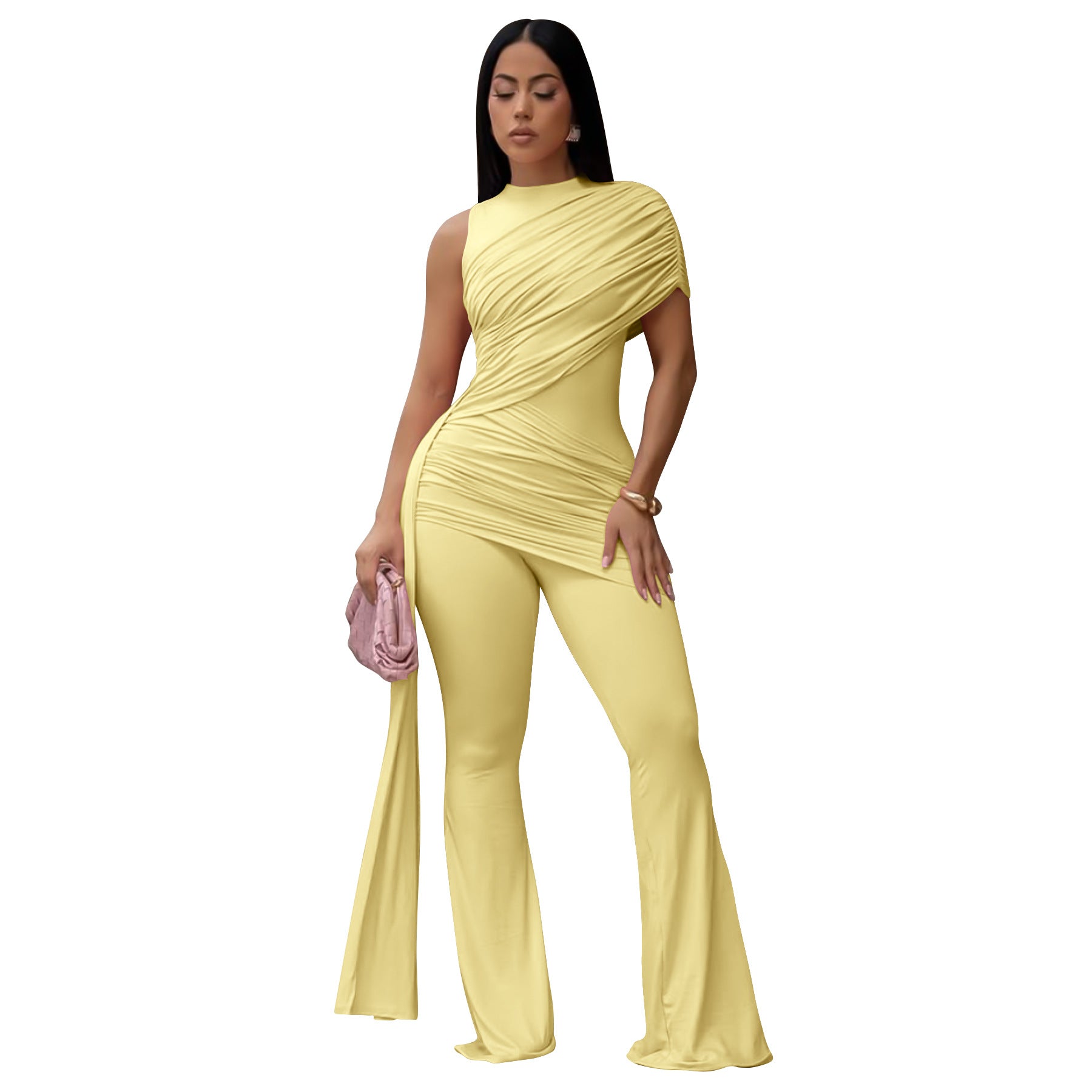 Women Clothing Summer round Neck One Shoulder Pleated Ribbon Sexy Slim Fit Wanita Store