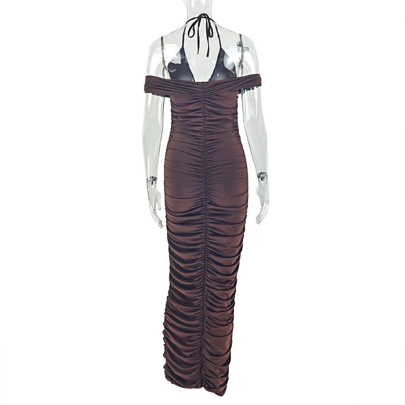 Women Wear Step Solid Color Hip Dress V neck Halter Wrapped Chest Maxi Dress