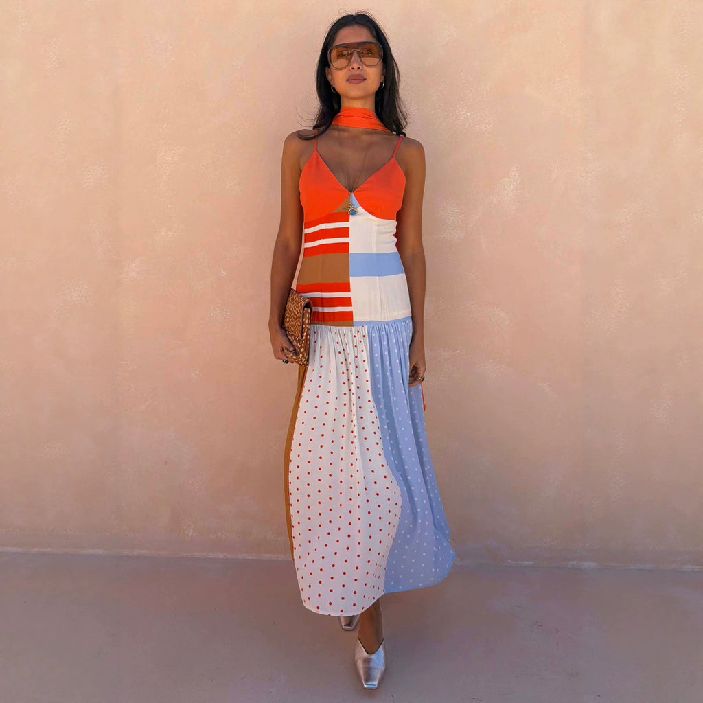 Contrast Color Polka Dot Stitching Cami Dress Summer Vacation Women Dress Ragazza