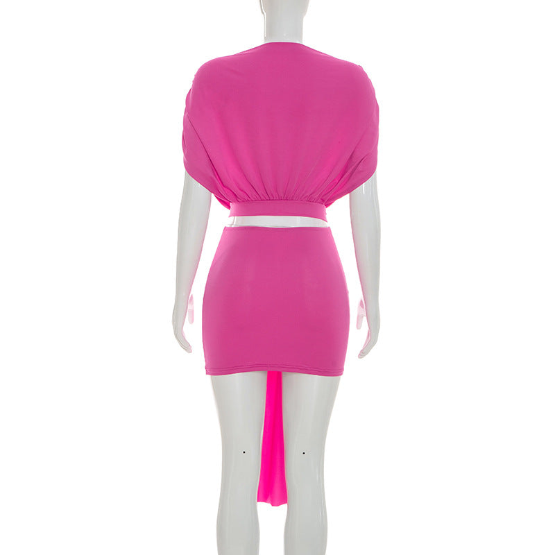 Women Clothing Summer Solid Color Casual Slim Pleated Short Sleeves Hollow Out Cutout Ribbon Short Dress