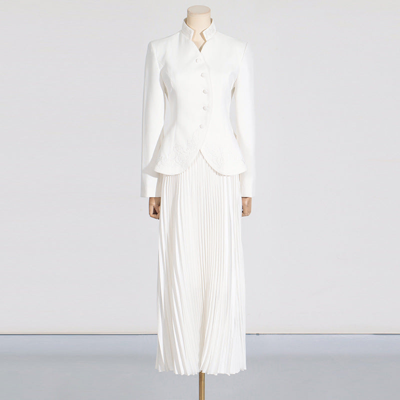 Fashionable Elegant High End Embroidered Stand Collar Single Breasted Top Pleated High Waist Skirt Sets Wanita Store