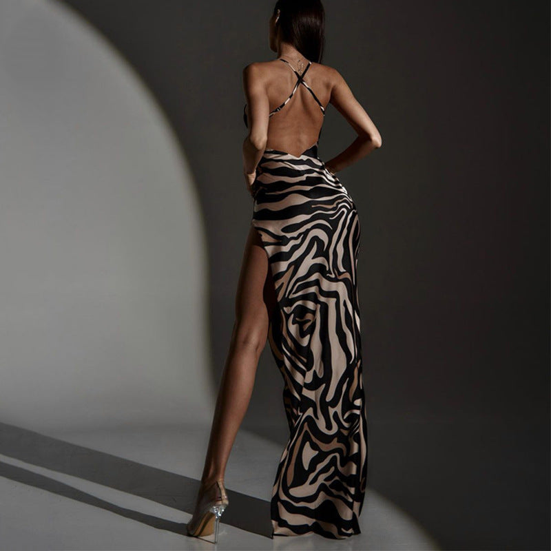 Summer Tiger Pattern Bare Back Mesh Splicing Sling Dress High Slit Beach Vacation Dress Wanita Store