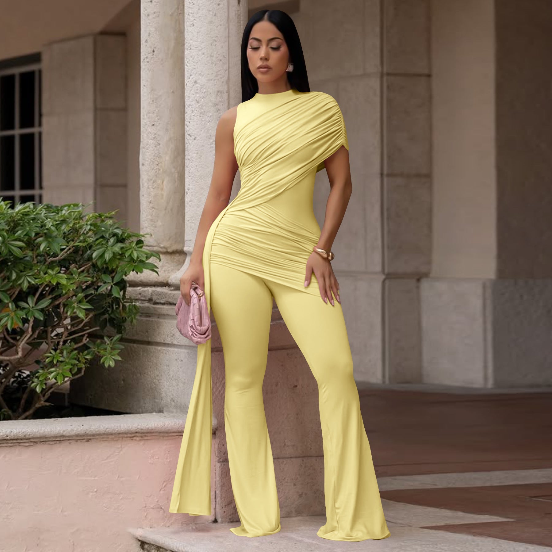 Women Clothing Summer round Neck One Shoulder Pleated Ribbon Sexy Slim Fit Wanita Store