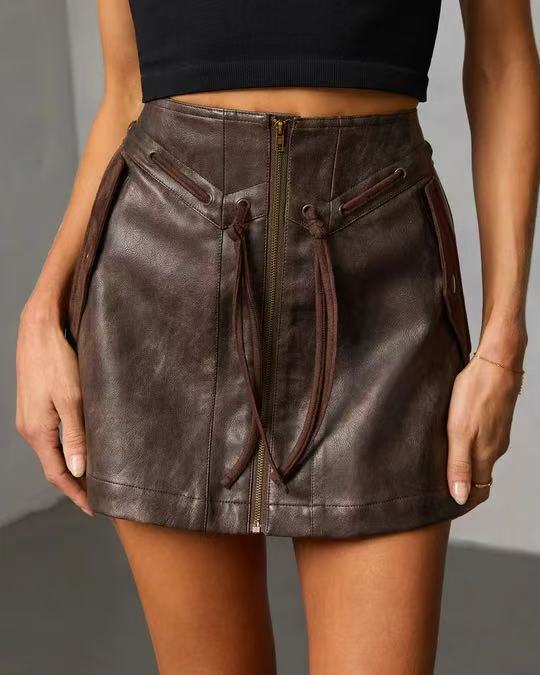 Vintage Faux Leather Stitching Contrast Color Coat Sexy Rope Design Hip Skirt Sets