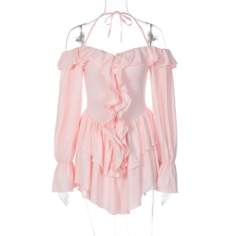 Halter Backless Ruffle Trumpet Sleeve Mini Dress