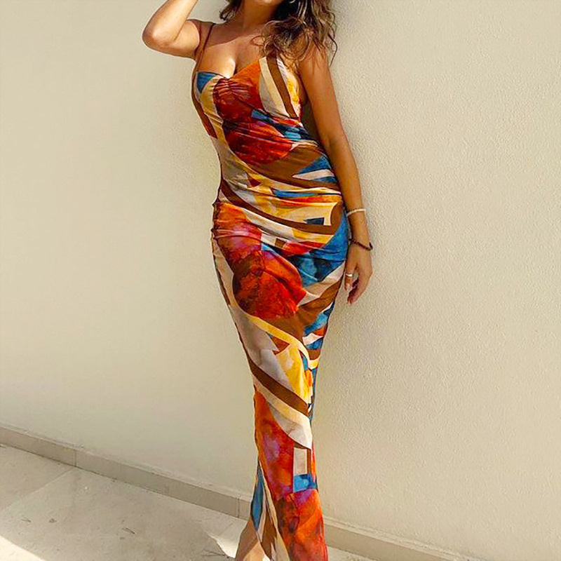 Summer Women Nightclub Sexy Abstract Printing Slip Dress Ragazza