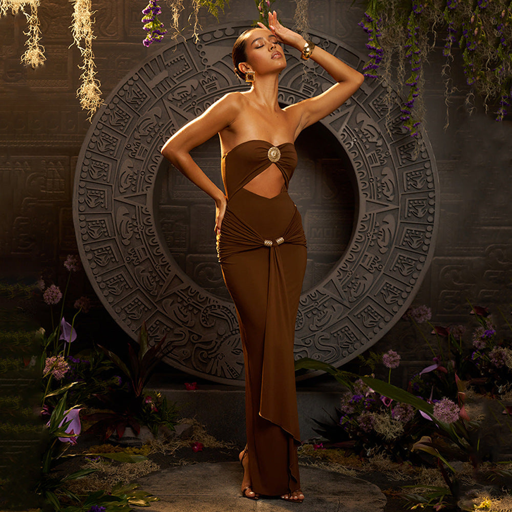 Tube Top Solid Pleated Hip Maxi Dress Bella Mia