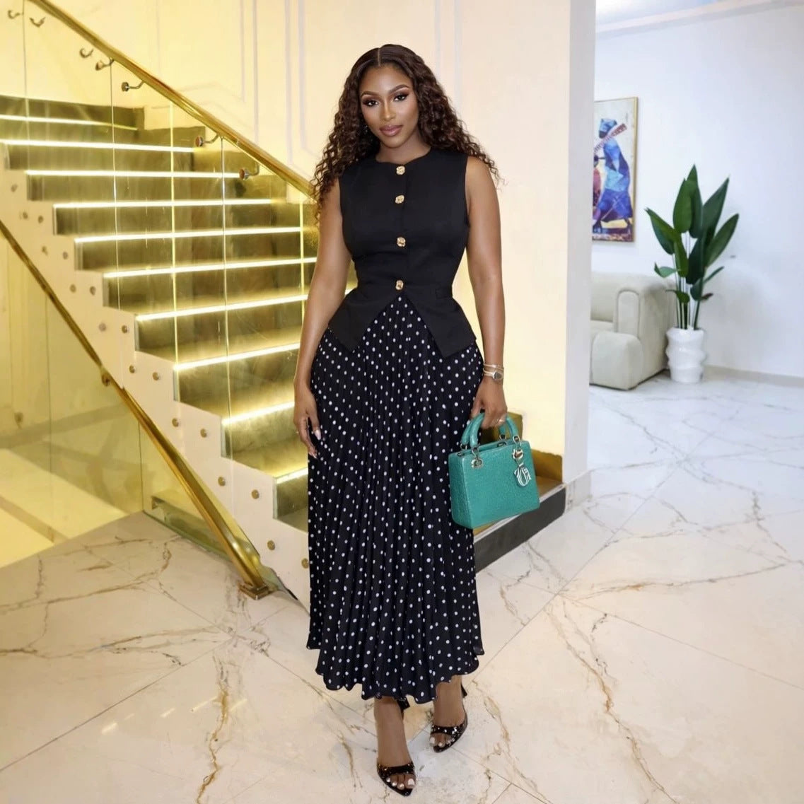 Women Wear Summer Elegant Graceful Sleeveless Waistcoat Vest Pleated Skirt Set Bella Mia