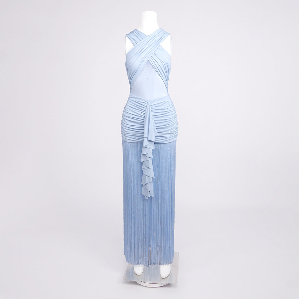 Pleated Mesh Cross-Front Dress