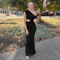 Women Clothing Spring Summer Solid Color Elegant Socialite Pleated Sexy Oblique Shoulder Dress Women