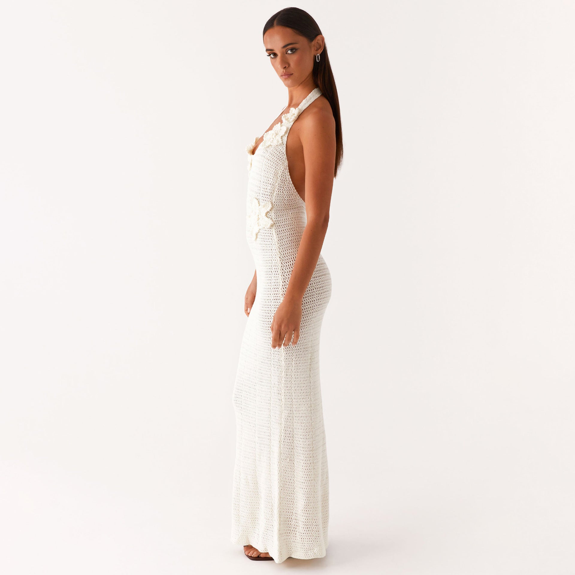 Hollow-Out Floral Halter Backless Vacation Beach Dress Bella Mia