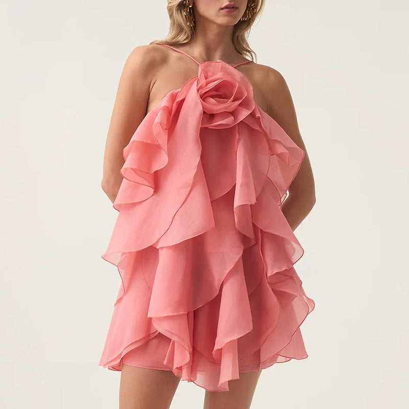 3D Floral Halter Backless Tie A-Line Mini Dress