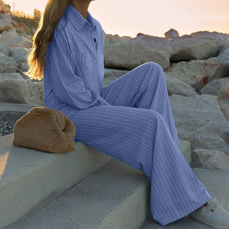 Striped Collared Long Sleeve Shirt & Wide-Leg Pants Set Bella Mia