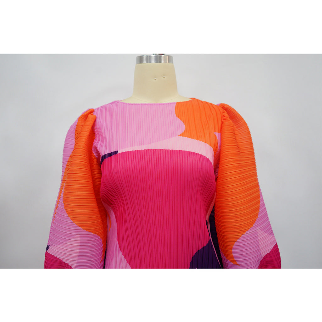 Women Wear Lantern Sleeve Pleated Dress