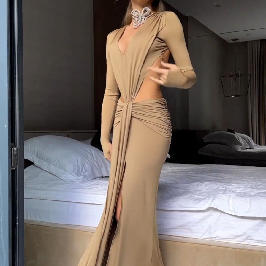 Khaki V-Neck Backless Cutout Ruched Split Maxi Dress