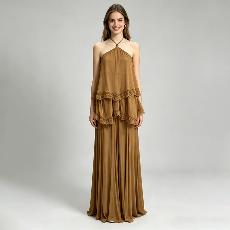 Modern Romantic Tiered Dress Halter Sleeveless Loose Profile Lace High Grade Dress Wanita Store