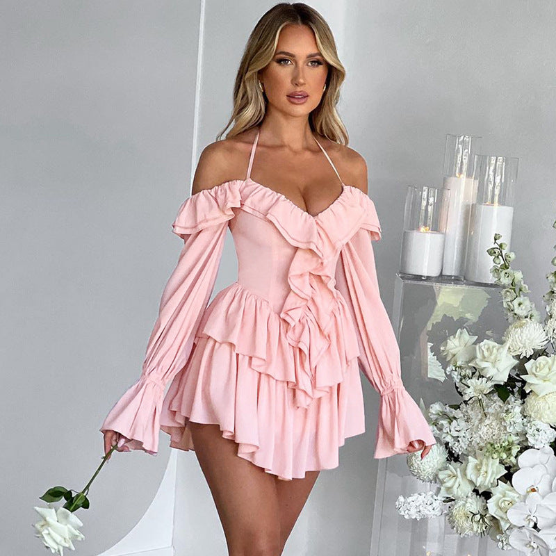 Halter Backless Ruffle Trumpet Sleeve Mini Dress