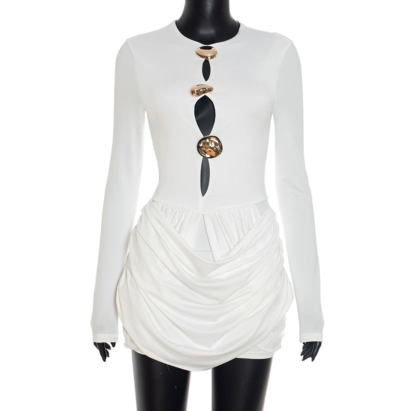 Women Autumn Winter Design Luxury Decorative Pleated Hollow Out Cutout Mini Sheath Dress Bella Mia